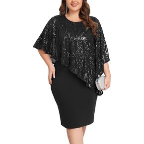 Hanna Nikole Women's Sleeveless Cape Dress with Sequin Overlay Sequin Bodycon Pencil Dress X-Large