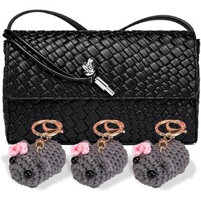 Woven Evening Clutch with Mouse Pendants, Black Leather Crossbody Handbag, Handmade Women’s Shoulder Bag