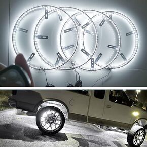 4Pcs Double Side 17in LED White Wheel Ring Lights with APP RF Remote Control Waterprof Wheel Rim Lights Tire Lights LED Wheel Lights for Truck Car Pickup SUV Camper