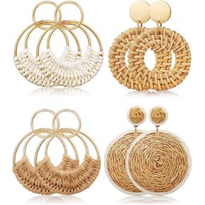 4 Pairs Handmade Raffia Rattan Bohemian Round Drop Dangle Earrings for Women, Boho Statement Cute Fun Hoop Earrings Set