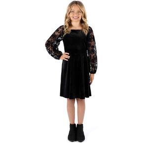 Speechless Girls' Long Sleeve Flocked Tulle and Velvet Party Dress