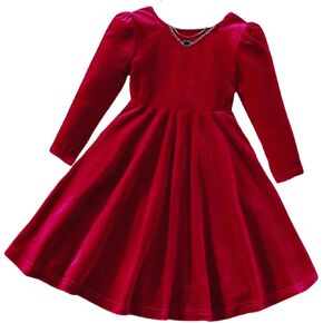 Girls' Vintage Red Velvet Long Sleeve Holiday Dress with Elegant Back Bowknot Design