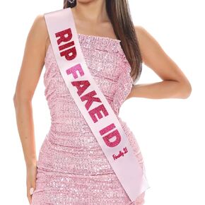 21st Birthday Sash - Pink Sash with Hot Pink Shine RIP Fake ID(Finally 21)"，21st Birthday Decorations Gifts for Her, Cool Birthday Sash for 21 Years Old Girls.