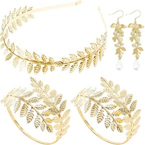5 Pieces Greek Goddess Costume Accessories Set, 1 Piece Golden Leaf Crown Headband, 2 Pieces Coil Upper Armband Bracelet, 2 Pieces Dangle Earrings, Bridal Wedding Headpiece Toga Costume Jewelry