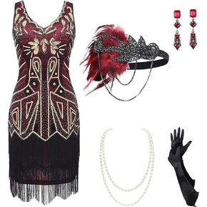 BABEYOND Women’s Flapper Dresses Set 1920s V Neck Beaded Fringed Great Gatsby Dress with Accessories Set