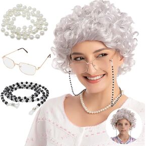 Spooktacular Creations Halloween Old Lady Wigs for Women Kids, Grey Grandma Wig, Granny Wig with Glasses, Necklace