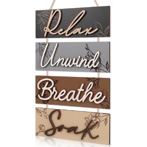 HPNIUB Farmhouse Bathroom Decor, Bathroom Sign Relax Soak Unwind Breathe Wood Hanging Plaque, Rustic Home Decoration for Spa Bathroom Laundry
