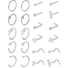 MODRSA 18G Nose Rings Hoop Nose Ring Surgical Stainless Steel Nose Rings Studs Screw L Shaped Nose Stud Nose Piercing Jewelry for Women Silver Black Nose Rings