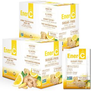 Ener-C Sugar Free Energy Lemon Ginger Multivitamin Drink Mix Vitamin C 1000mg & Electrolytes - Natural Immunity Support with Real Fruit Juice Powders - Non-GMO Vegan & Gluten Free - 60 Count