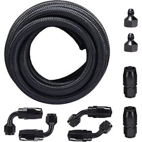 6AN 10FT Fuel Line Hose Kit, Nylon Stainless Steel Braided Fuel Line Oil/Gas/Fuel Hose End Fitting Hose with 8PCS Swivel Fuel Hose Fitting Adapter Kit - Black