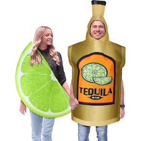 HooLing 2 Pcs Couples Halloween Costumes for Adults Tequila Bottle and Lime Slice Drink Suit Outfits Apparel Accessories for Halloween Cosplay Dress up Party