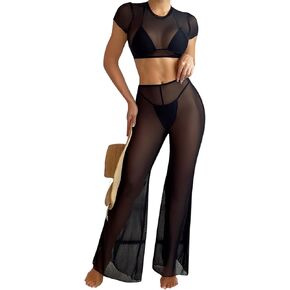 Verdusa Women's 2 Piece Sheer Mesh Bikini Cover Up Sets Crop Top and Wide Leg Pants