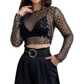 See Through Pearl Sheer Mesh Top Long Sleeve Beaded Crop Top Pearl Cover Up