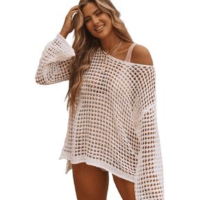 SHENHE Women's Swimsuit Coverup Crochet Hollow Out Bathing Suit Cover Ups Long Sleeve Split Hem Beach Swimwear