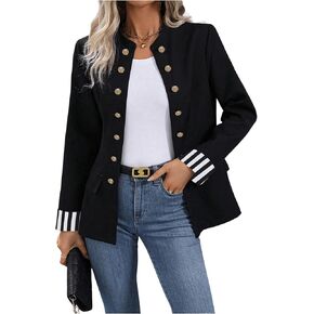 MakeMeChic Women's Striped Cuff 3/4 Sleeve Blazer Open Front Business Jacket Coat Outwear