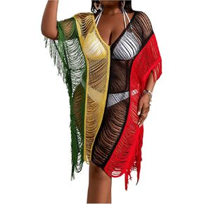 Milumia Women's Plus Size Color Block Open Stitch Batwing Sleeve Fringe Hem Cover Up Dress
