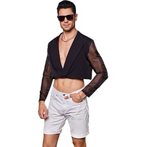 WDIRARA Men's Deep V Neck Sheer Mesh Crop Blazer Collared Long Sleeve Pullover Crop Top Blazer Outerwear