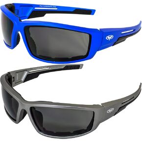 Global Vision Eyewear Sly Padded Motorcycle Sunglasses Riding Glasses 2 Pairs Blue & Grey Metallic Frames Smoke Lenses