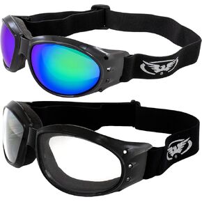 Global Vision Eliminator Padded Motorcycle Riding Goggles 2 Pair Black w/Clear & Green Mirror Lenses