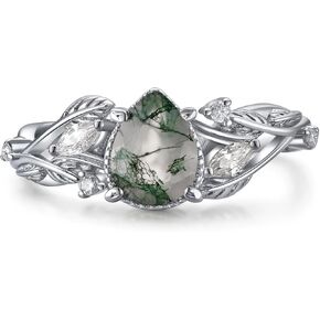 Auldey Dropped Shaped Engagement Rings for Women 1CT Natural Moss Agate Ring for Women 925 Sterling Silver 3-Stone Moissanite Promise Ring