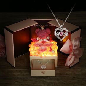 WILDLOVE Preserved Flowers Rose Bear Gift Box, Gifts for Mom from Daughter Son, Stocking Stuffers for Mom, I Love You Mom Gifts for Christmas, Mother's Day, Birthday or Any Special Day, Red