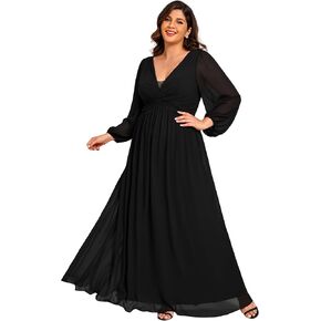 Ever-Pretty Plus Women's V Neck Long Sleeves A Line Pleated Chiffon Plus Size Maxi Formal Evening Dresses 02235-DA