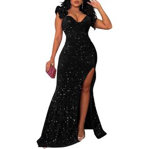 Cololura Women Sexy Elegant Sequin High Split Ruffled Hem Mermaid Party Cocktail Bodycon Formal Evening Gowns Maxi Dress