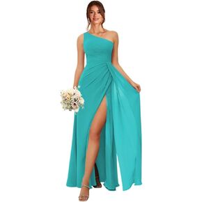 One Shoulder Bridesmaid Dresses for Women Long Ruched Chiffon A Line Formal Evening Dress with Slit KY001