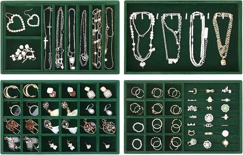 صينية مجوهرات فيكسوال، مجموعة من 4 صينية لتنظيم المجوهرات للأدراج، صينية قابلة للتكديس للخواتم والقلائد والأساور والأقراط، أسود in Kuwait