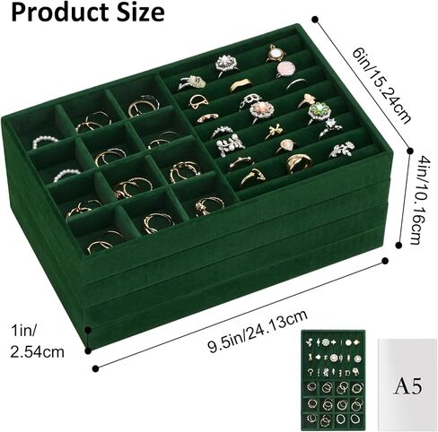 صينية مجوهرات فيكسوال، مجموعة من 4 صينية لتنظيم المجوهرات للأدراج، صينية قابلة للتكديس للخواتم والقلائد والأساور والأقراط، أسود in Kuwait
