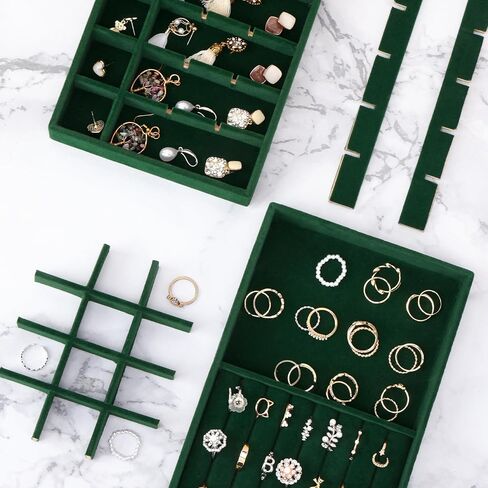 صينية مجوهرات فيكسوال، مجموعة من 4 صينية لتنظيم المجوهرات للأدراج، صينية قابلة للتكديس للخواتم والقلائد والأساور والأقراط، أسود in Kuwait