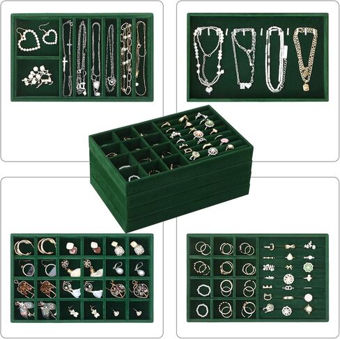 صينية مجوهرات فيكسوال، مجموعة من 4 صينية لتنظيم المجوهرات للأدراج، صينية قابلة للتكديس للخواتم والقلائد والأساور والأقراط، أسود in Kuwait