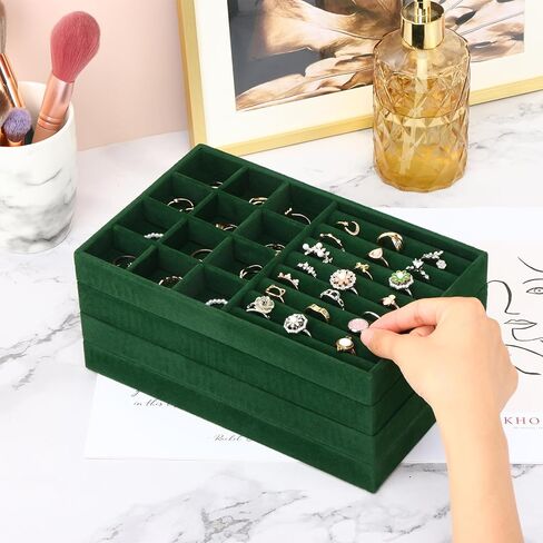 صينية مجوهرات فيكسوال، مجموعة من 4 صينية لتنظيم المجوهرات للأدراج، صينية قابلة للتكديس للخواتم والقلائد والأساور والأقراط، أسود in Kuwait