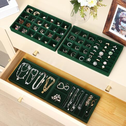 صينية مجوهرات فيكسوال، مجموعة من 4 صينية لتنظيم المجوهرات للأدراج، صينية قابلة للتكديس للخواتم والقلائد والأساور والأقراط، أسود in Kuwait