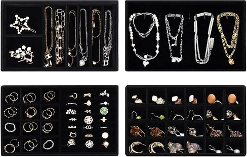 Fixwal Jewelry Tray, 9in Set of 4 Jewelry Organizer Tray for Drawers, Stackable Tray for Rings, Necklaces, Bracelets, Earrings, Black in Saudi Arabia
