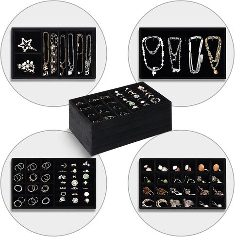 Fixwal Jewelry Tray, 9in Set of 4 Jewelry Organizer Tray for Drawers, Stackable Tray for Rings, Necklaces, Bracelets, Earrings, Black in Saudi Arabia