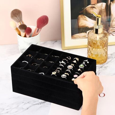 Fixwal Jewelry Tray, 9in Set of 4 Jewelry Organizer Tray for Drawers, Stackable Tray for Rings, Necklaces, Bracelets, Earrings, Black in Saudi Arabia