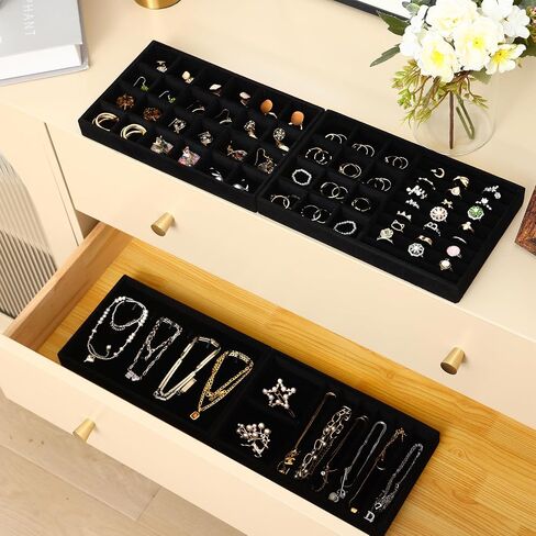 Fixwal Jewelry Tray, 9in Set of 4 Jewelry Organizer Tray for Drawers, Stackable Tray for Rings, Necklaces, Bracelets, Earrings, Black in Saudi Arabia