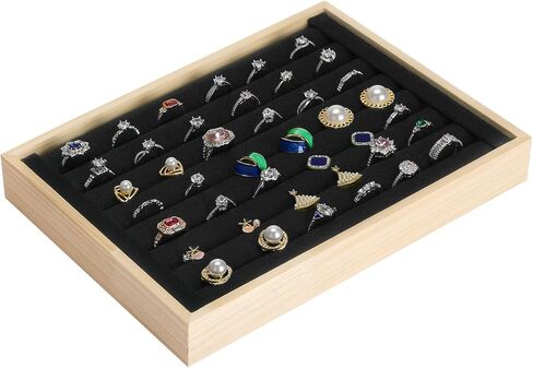 Wooden Ring Holder Tray, Velvet Jewelry Display Storage Case for Ring Earring Stud, Ring Stand Organizer Tray for Desktop Storage or Selling Show (Black) in Saudi Arabia