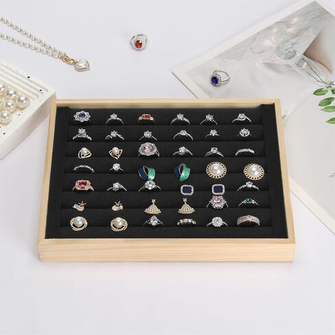 Wooden Ring Holder Tray, Velvet Jewelry Display Storage Case for Ring Earring Stud, Ring Stand Organizer Tray for Desktop Storage or Selling Show (Black) in Saudi Arabia