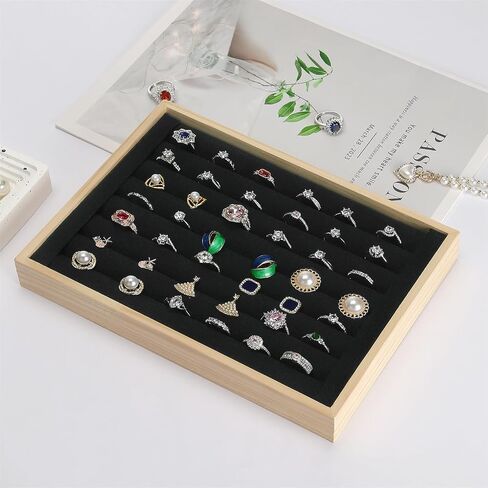 Wooden Ring Holder Tray, Velvet Jewelry Display Storage Case for Ring Earring Stud, Ring Stand Organizer Tray for Desktop Storage or Selling Show (Black) in Saudi Arabia