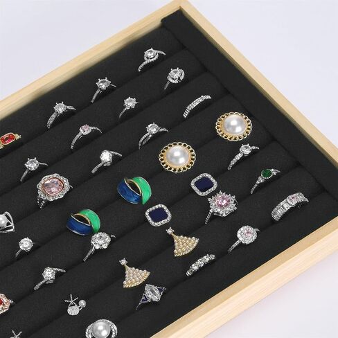 Wooden Ring Holder Tray, Velvet Jewelry Display Storage Case for Ring Earring Stud, Ring Stand Organizer Tray for Desktop Storage or Selling Show (Black) in Saudi Arabia