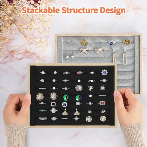 Wooden Ring Holder Tray, Velvet Jewelry Display Storage Case for Ring Earring Stud, Ring Stand Organizer Tray for Desktop Storage or Selling Show (Black) in Saudi Arabia