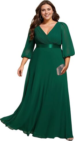 Ever-Pretty Plus Women's V Neck 3/4 Sleeves A Line Chiffon Pleated Plus Size Evening Dresses Maxi Formal Dresses 03890-DA in Kuwait