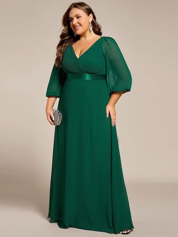 Ever-Pretty Plus Women's V Neck 3/4 Sleeves A Line Chiffon Pleated Plus Size Evening Dresses Maxi Formal Dresses 03890-DA in Kuwait