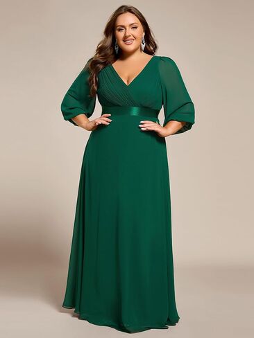 Ever-Pretty Plus Women's V Neck 3/4 Sleeves A Line Chiffon Pleated Plus Size Evening Dresses Maxi Formal Dresses 03890-DA in Kuwait