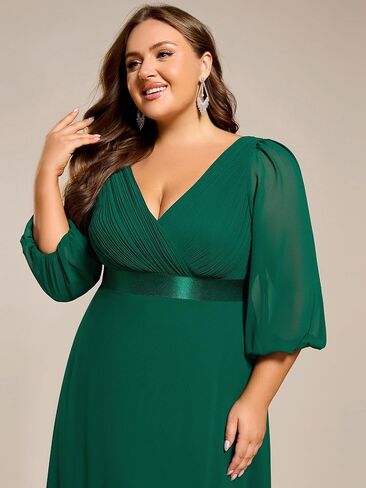 Ever-Pretty Plus Women's V Neck 3/4 Sleeves A Line Chiffon Pleated Plus Size Evening Dresses Maxi Formal Dresses 03890-DA in Kuwait