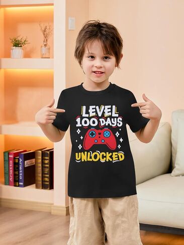 Toddler 100 Days of School Shirt Boys Level 100 Days Unlocked Game Controller T-Shirt Crewneck Short Sleeve Tops in Saudi Arabia
