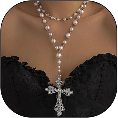 Y2K Goth Faith Cross Necklace with Faux Pearl Chain Double Layers Long Tassels Cross Pendant Necklace in Kuwait