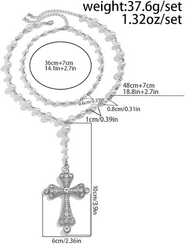 Y2K Goth Faith Cross Necklace with Faux Pearl Chain Double Layers Long Tassels Cross Pendant Necklace in Kuwait